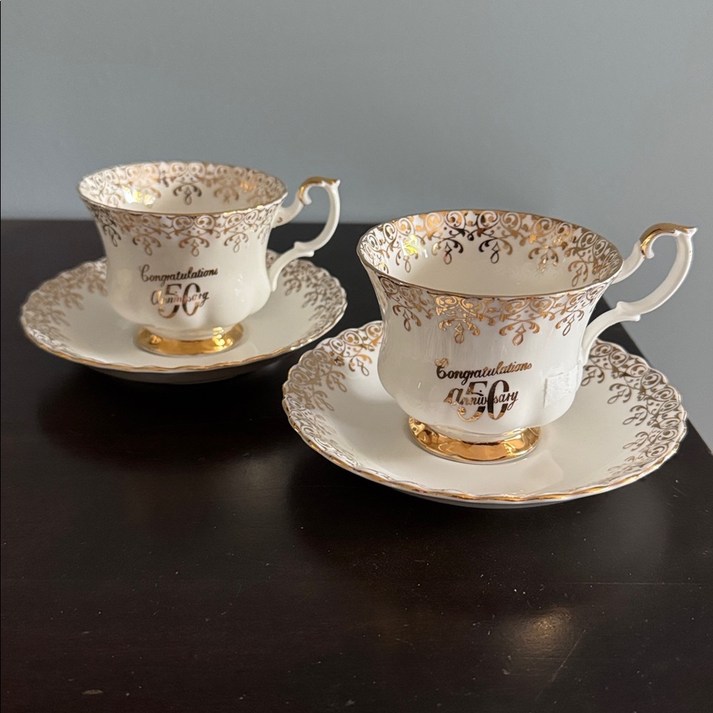 Elegant Gold and White Anniversary Teacups
